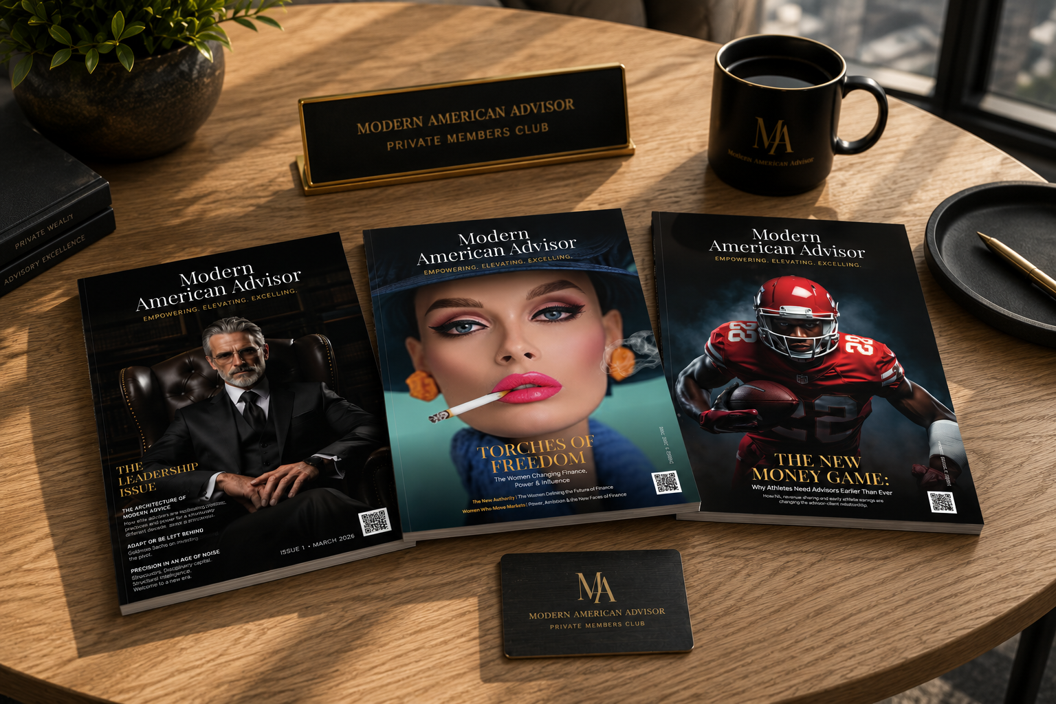 Modern American Advisor magazine collection on a private members club table